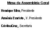 Text Box: Mesa da Assembleia GeralHenrique Silva, PresidenteArmnia Evaristo , V. PresidenteCristinaCruz,, Secretaria